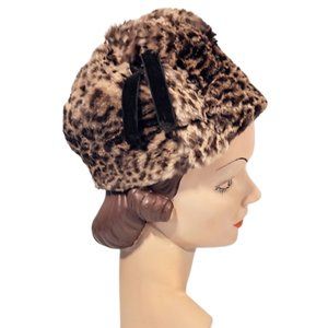 1960s Vintage Brown And Tan Leopard Cheetah Print Rounded Pillbox Fur Hat
